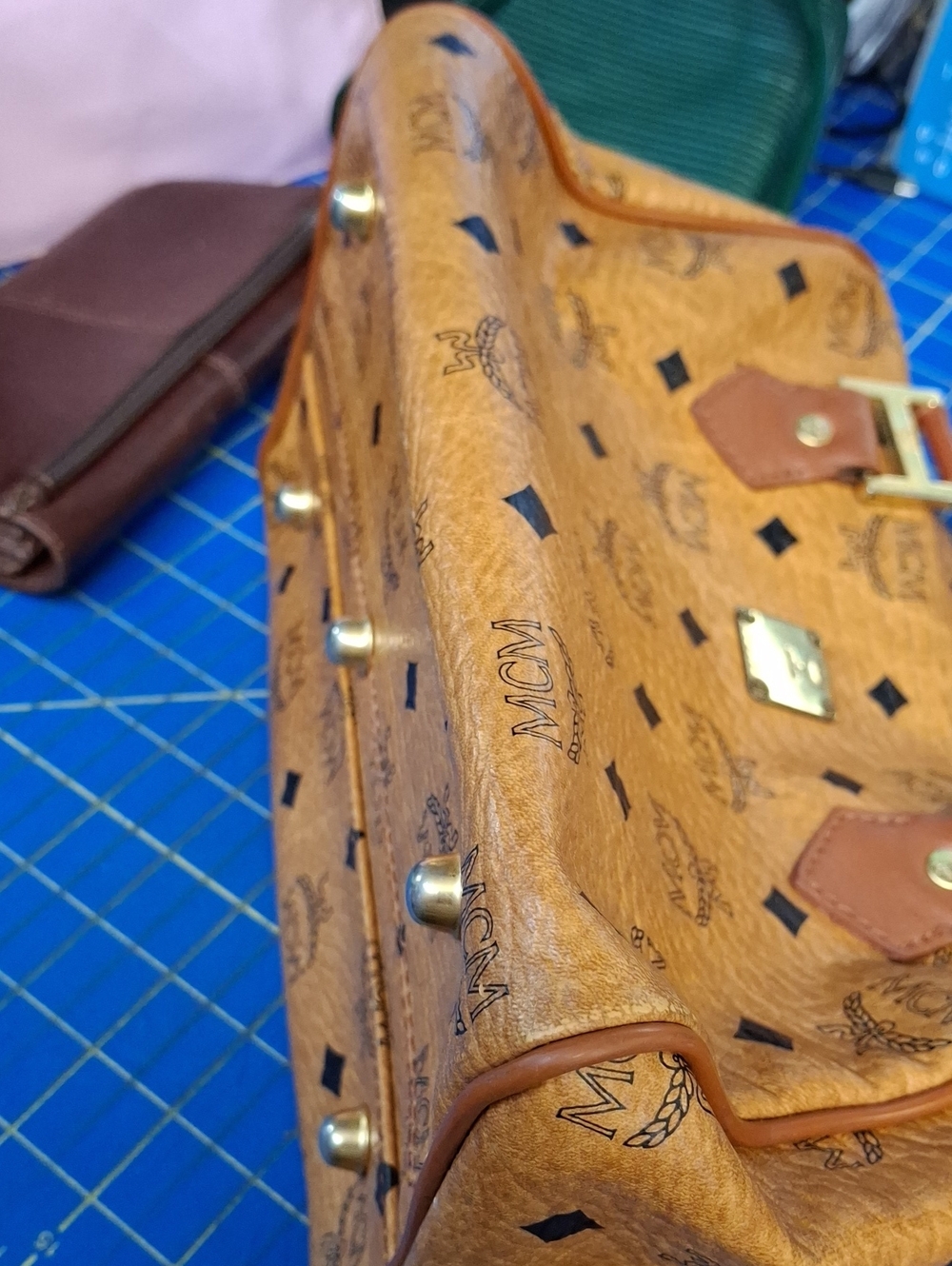 MCM Cognac Visetos Monogram Satchel Gold Hardware Removable Adj Strap Preloved - Picture 7 of 16